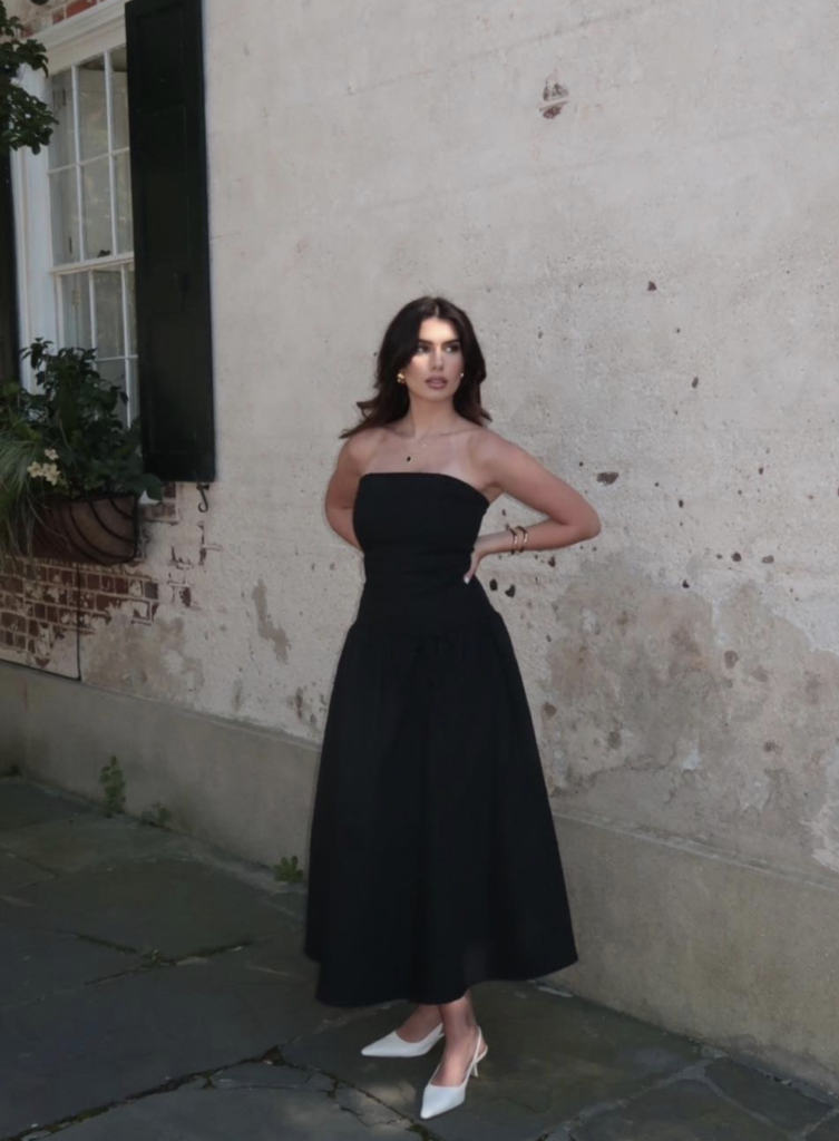 Elegant black strapless dress brunch outfit with white heels and minimal accessories for a sophisticated look.